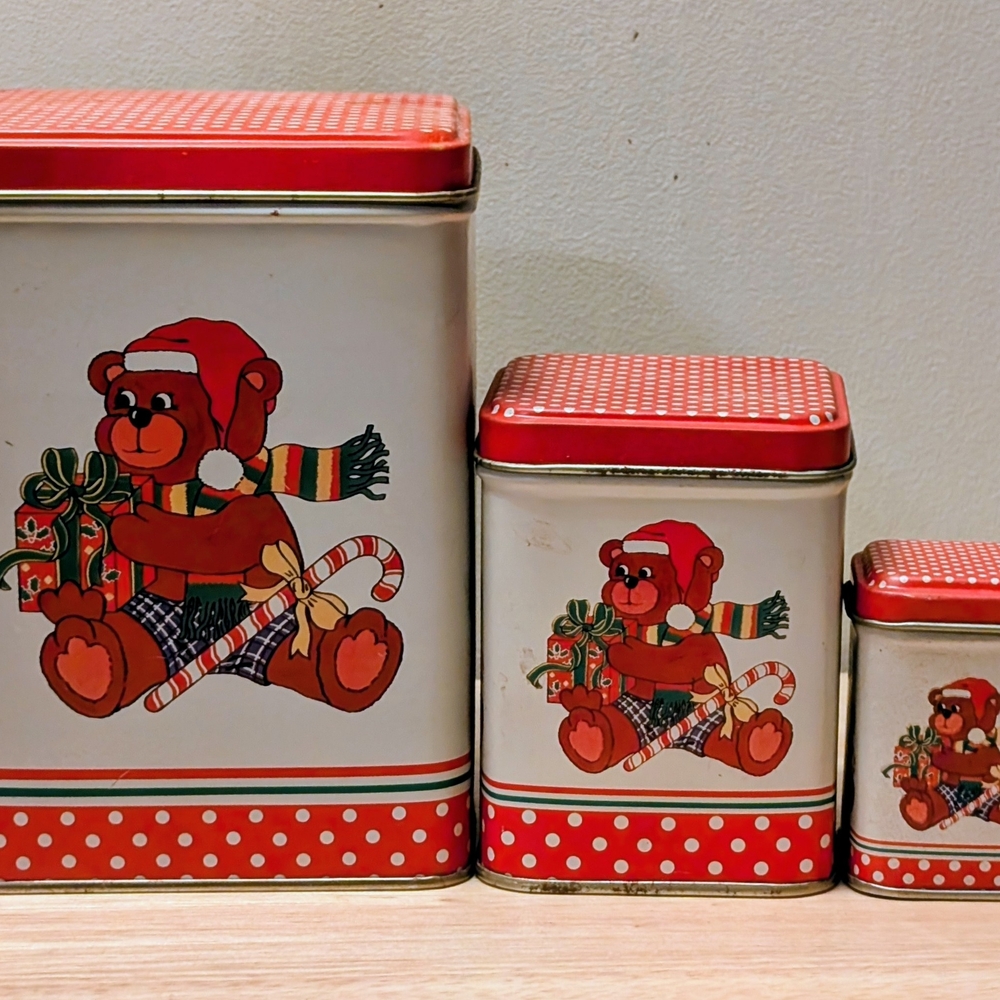 Vintage Htf Festive Bear Tin Canister Set. Stackable. Multi Use